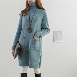 High-neck Patch-pocket Sweater Dress