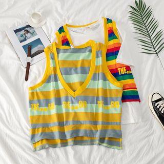 Set: Plain Short-sleeve T-shirt + Striped Tank Top