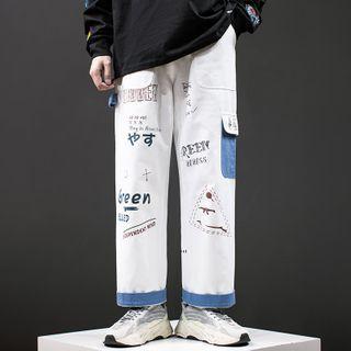 Contrast Panel Printed Straight-cut Pants