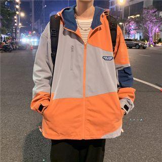 Color-block Printed Letter Zip Hooded Oversize Jacket