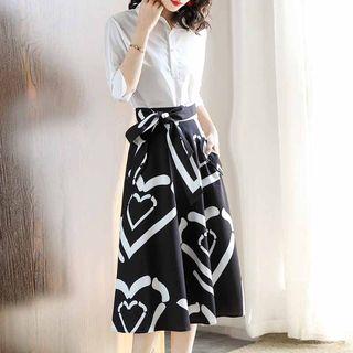 Set: 3/4-sleeve Shirt + Heart Print Midi A-line Skirt