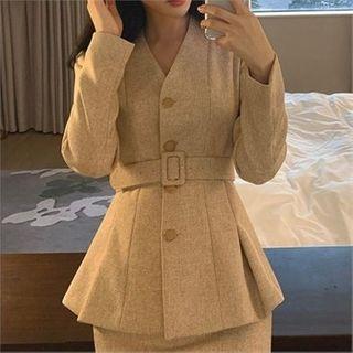 Collarless A-line Blazer With Belt