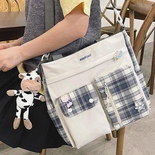 Contrast Pocket Plaid Panel Cross Shoulder Bag