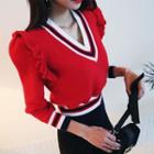 Frill-shoulder Contrast-trim Knit Top