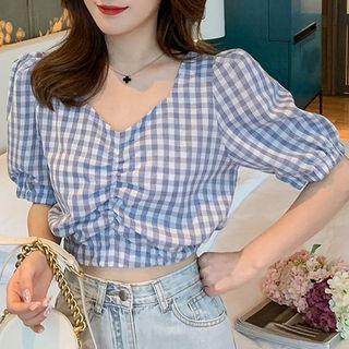 Elbow-sleeve Gingham Crinkled Cropped Top