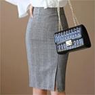 Tall Size Slit Front Plaid Pencil Skirt