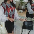 Inset Sleeveless Argyle Patterned Knit Top Shirt