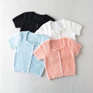 Short-sleeve Fluffy Button-up Crop Top