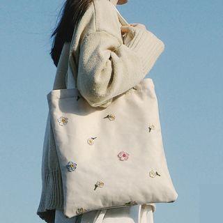 Embroidered Floral Canvas Tote Bag As Shown In Figure - One Size