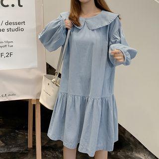 Lantern-sleeve Midi Denim Dress Blue - One Size