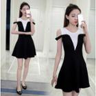 Mock Two-pieces V Detail Cold Shoulder Mini Dress
