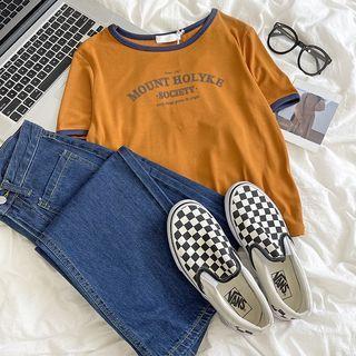 Short-sleeve Lettering Contrast Trim Cropped T-shirt Pumpkin - One Size