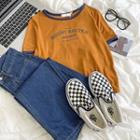 Short-sleeve Lettering Contrast Trim Cropped T-shirt Pumpkin - One Size