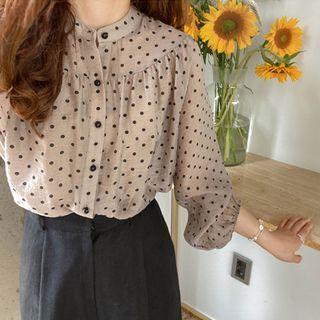 Round-neck Polka-dot Blouse Beige - One Size