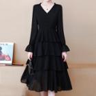 Bell-sleeve Layered Midi A-line Chiffon Dress