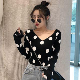 Long-sleeve Polka Dot V-neck T-shirt