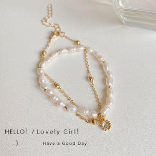 Faux Pearl Layered Alloy Bracelet 1 Pc - S138 - Gold - One Size