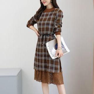 Mock Two-piece Plaid Long-sleeve Knit Dress