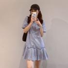 Puff-sleeve Single Breasted Striped Shirt Dress Blue - One Size
