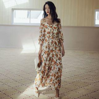 Cold-shoulder Floral Print Drawstring Midi Sundress