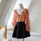 Long-sleeve V-neck Floral Ruffled Blouse Floral - Orange & Yellow - One Size