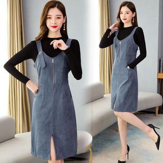 Set: Mock-turtleneck Knit Top + Half-zip A-line Pinafore Dress