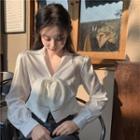 Long-sleeve Bow-accent Slim-fit Blouse White - One Size