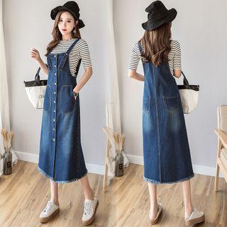 Button-up Fringed Hem Denim Midi Overall Dress