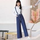 Plain Suspender Wide-leg Jeans