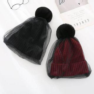 Mesh Overlay Pom Pom Beanie