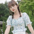 Square-neck Floral Pleated Cropped Blouse