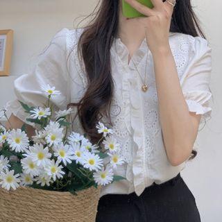 Balloon-sleeve Lace Ruffled Blouse White - One Size
