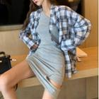 Plaid Shirt / Sleeveless One-shoulder Mini Dress