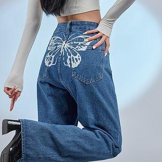 High Waist Butterfly Print Straight Leg Jeans