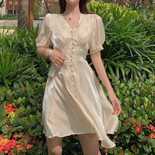Puff-sleeve V-neck Plain A-line Dress