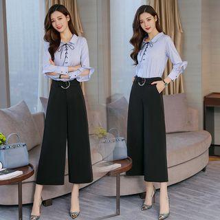 Set: Striped Long-sleeve Shirt + Wide Leg Cropped Pants