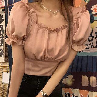 Puff-sleeve Ruffled Trim Plain Lace-up Blouse