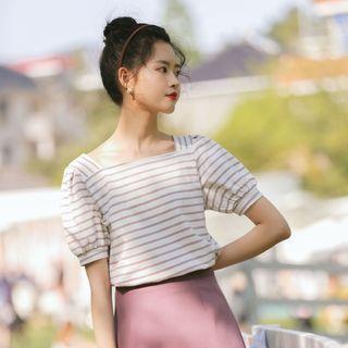 Striped Square-neck Puff-sleeve T-shirt