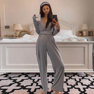 Wrap-front Wide-leg Jumpsuit With Sash