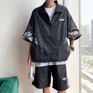 Set: Elbow-sleeve Printed Panel Zip Jacket + Shorts