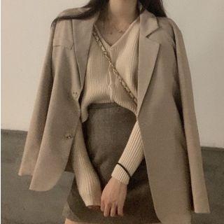Single-breasted Blazer / Ribbed Long-sleeve Knit Top / A-line Skirt