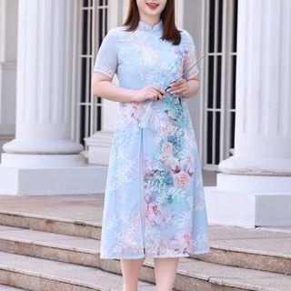 Plus-size Short-sleeve Floral Smock Dress