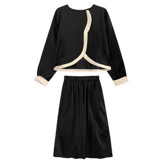 Set: Long-sleeve Contrast Trim Top + Maxi A-line Skirt Set Of 2 - Top & Skirt - Black - One Size