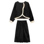 Set: Long-sleeve Contrast Trim Top + Maxi A-line Skirt Set Of 2 - Top & Skirt - Black - One Size
