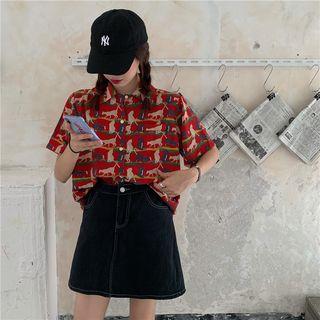 Short-sleeve Cat Printed Shirt As Shown In Figure - One Size