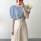 Floral Short-sleeve Square-neck Blouse / Plain Midi A-line Skirt