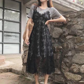 Set: Short-sleeve Long T-shirt + Spaghetti Strap Lace Midi Dress