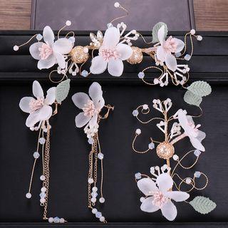 Wedding Set: Flower Headpiece + Drop Earring Pink - One Size