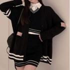 Striped Trim Cardigan / Shirt / Sweater Vest / Knit Skirt / Set
