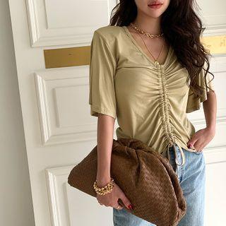 Padded-shoulder Drawstring T-shirt